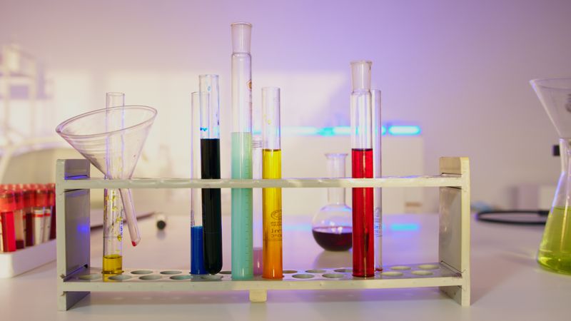 Sklenene ampulky a skumavky v laboratoriu
